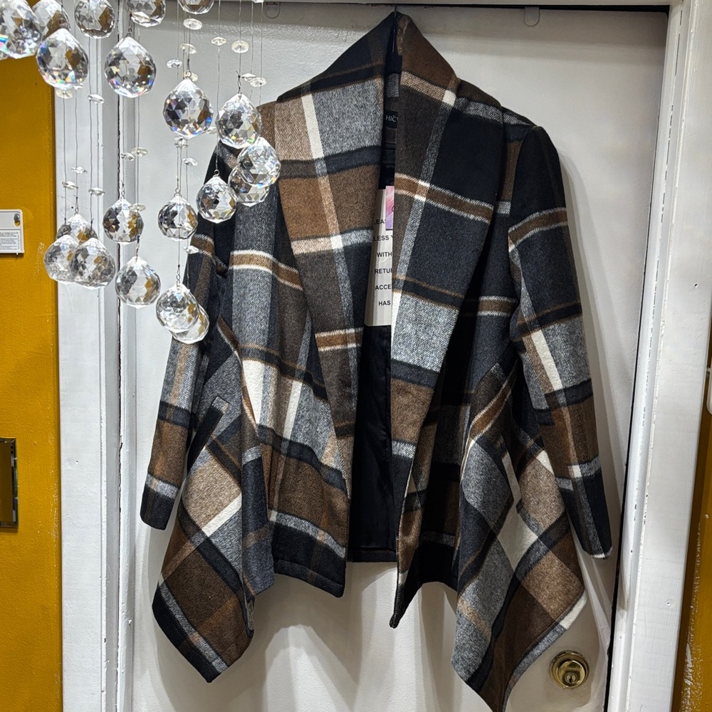Chicwish Plaid Cape Jacket in Black, Gray, and Brown - Picture 1 of 4